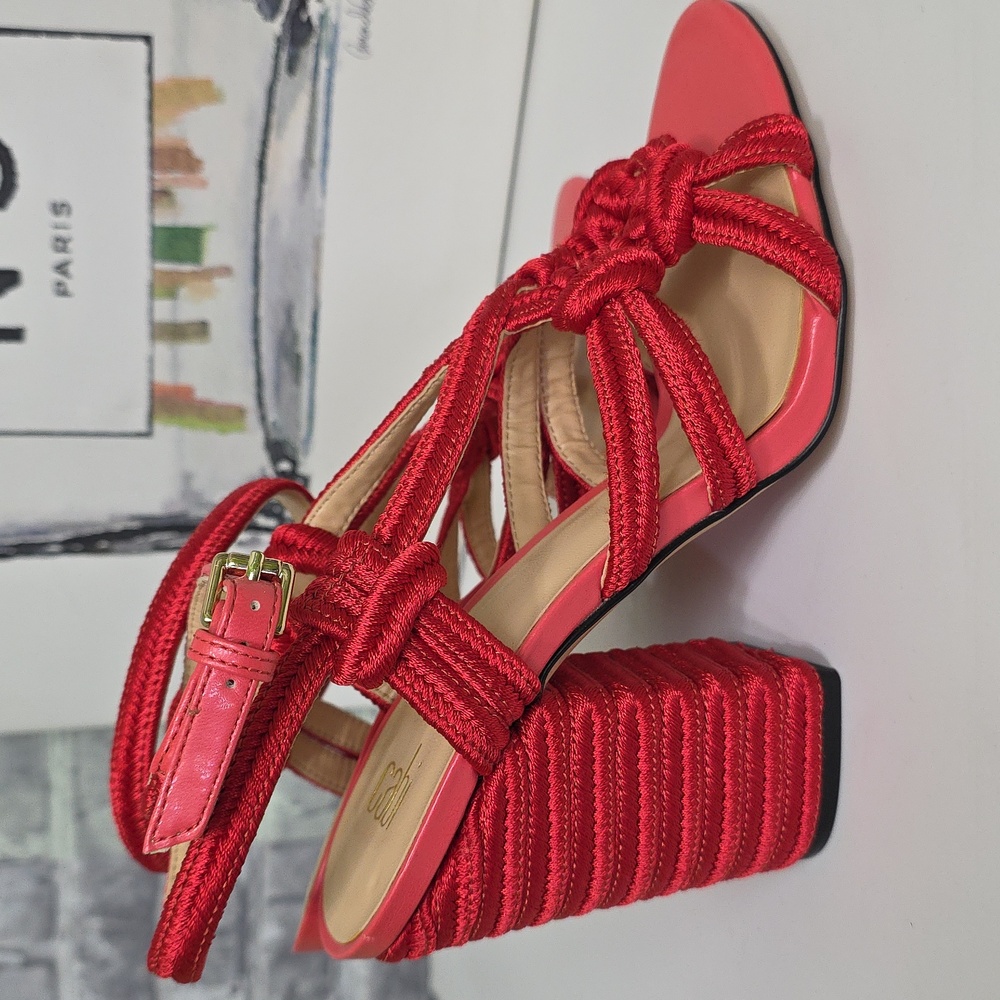 CAbi Tip Toe Red Rope Strappy Block Heel Ankle Strap Sandals Size 7 Style 6012 - Picture 4 of 13